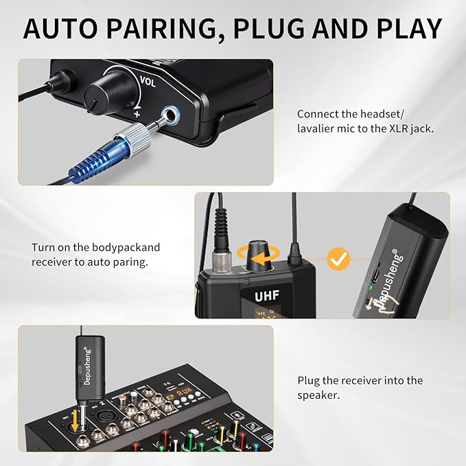 Depusheng UHF Wireless Microphone Headset System -Wireless Headset Mic System, with Lavalier Lapel Mics,200ft Range, 1/8'' and 1/4'' Plug for Recording PA Speaker,Conference