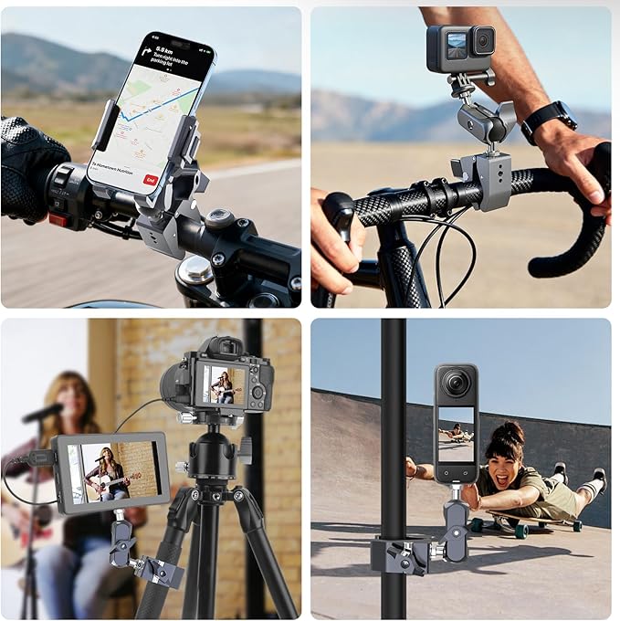 Super Clamp Camera Mount, Aluminum Double Ball Head Magic Arm for Insta360 X5 GoPro DJI OSMO 360 DSLR Monitor, 360° Handlebar Pole Desk Mount, 13lb Load QX010