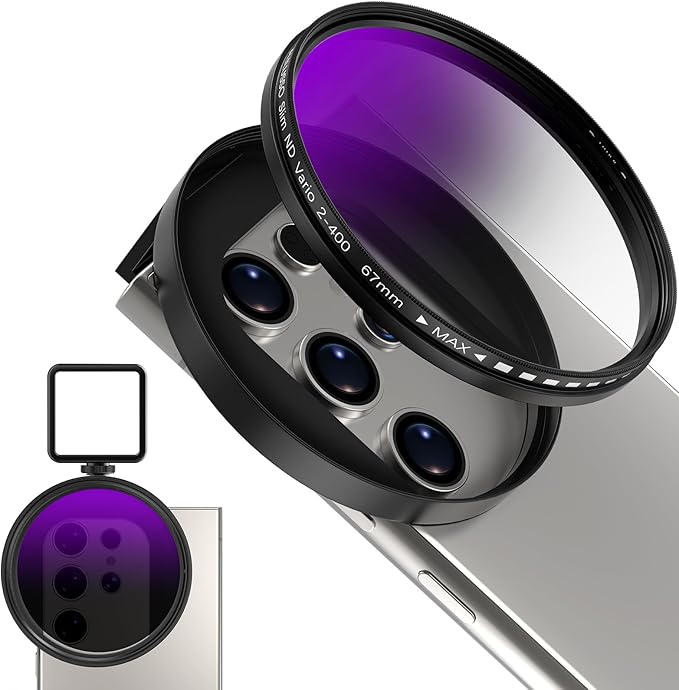 67mm Variable ND2-ND400 Filter for Phone, AR-Coated VND Lens with Metal Cold Shoe Clip, Adjustable Neutral Density Filter Compatible with iPhone 16 15 14 13 Pro Max Plus Samsung Galaxy Moto Google TCL