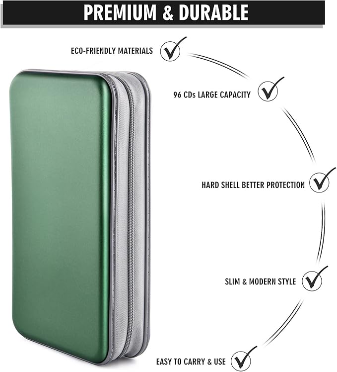 DVD Case, Bivisen CD Case Holder Wallet Binder 96 Capacity CD/DVD Cases Storage Holder Binder Organizer Wallet Book for Car Home Travel (Dark Green)