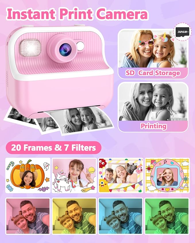 Kids Camera Instant Print, Christmas Birthday Gifts for Kids 3-12, 1080P Instant Print Camera for Kid, Toddler Camera Toy for 4 5 6 7 8 9 10 Year Old Girls Boys with 3 Rolls Paper and 32GB Card-Pink