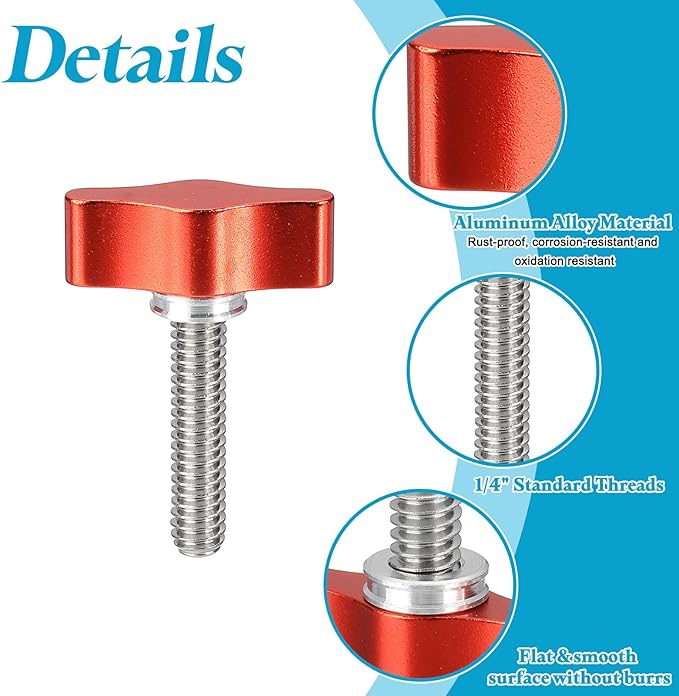 PATIKIL Clamping Screw Knob 1/4" x 1.61", 2Pcs Aluminum Alloy t Shaped Camera Thumb Screws for DSLR Flash Bracket Photography Light Stand Adapter Action Sports Camera Mounting System, Red