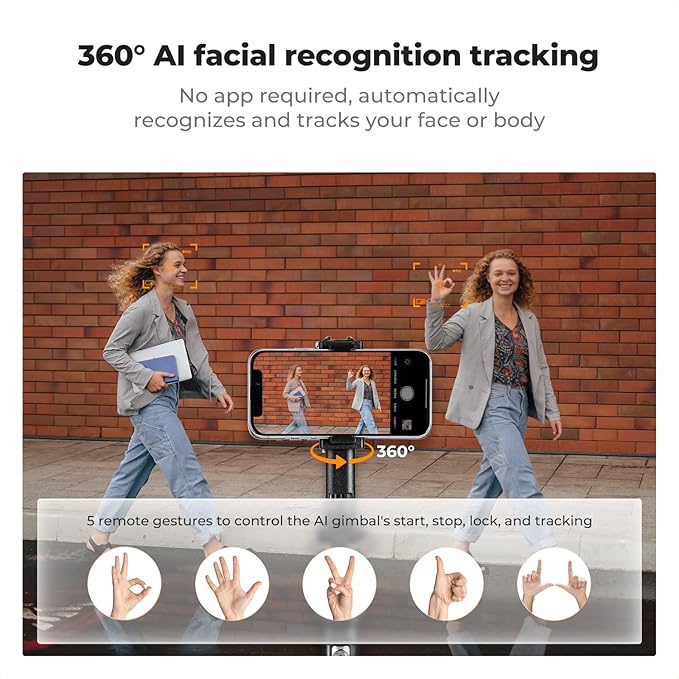 K&F CONCEPT 71“ Auto Face Tracking Tripod, 360° Rotation Selfie Stick with 2 Fill Lights, Gesture & Remote Control for Vlogging, Live Streaming & Video Recording