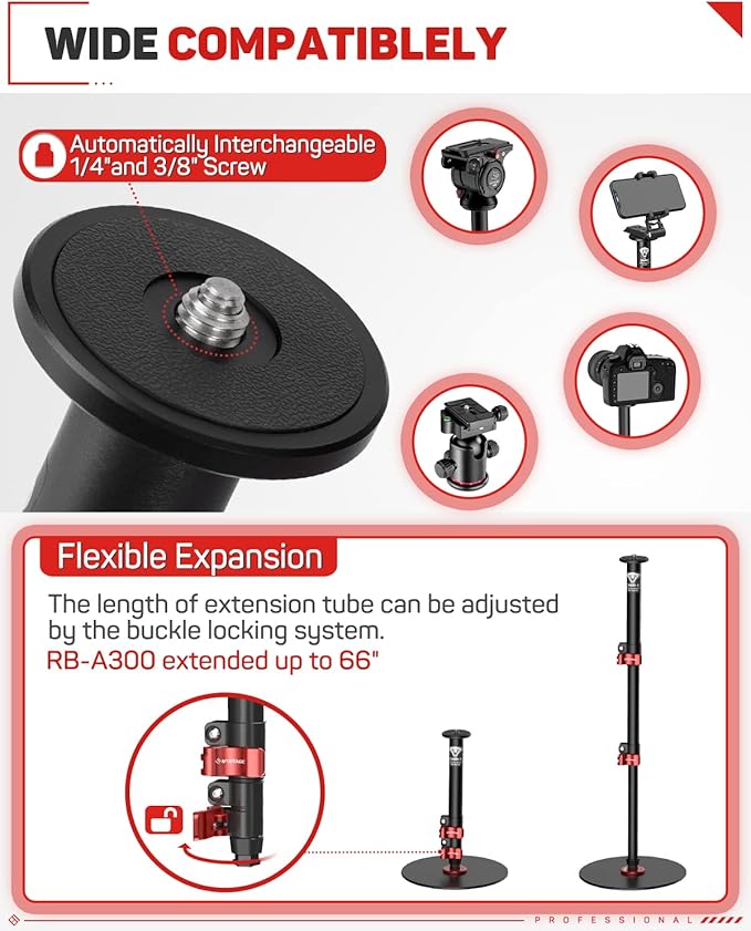 IFOOTAGE Round Base Monopod A300, 60" Camera Tripod Monopod Aluminum Studio Camera Stand with 1/4'' & 3/8'' Screw/Light Adapter for Camera, Tripod Head, RingLight, Streaming, Interview, Payload 22lb