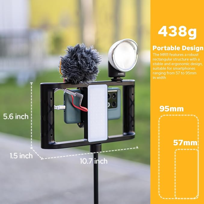 MR11 Smartphone Video Rig with Light, Built-in Battery Wireless Charging, Cold Shoe, ARRI Hole, 1/4" Hole, Remote Control, Rotatable Clamp, All-in-one Phone Vlogging Cage Video Stabilizer Grip