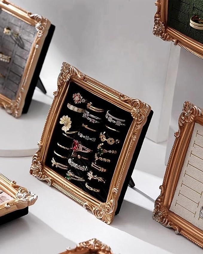 2PCS Jewelry Display Stand Vintage Ring Holder Box Earring Tray Retro Picture Frame Style Ring OrganizerJewelry Frame with Velvet