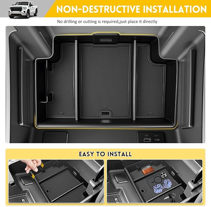 Center Console Organizer for 2022-2025 Chevy Silverado/GMC Sierra 1500 & 2024 Silverado/Sierra 2500 3500HD, Insert Armrest Storage Box Tray Accessories(Only Fits Full w/Bucket Seats)