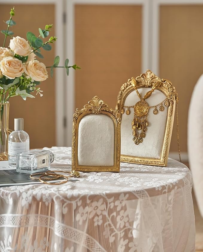 Large Two-Piece Gold Resin Jewelry Display Stand, Vintage Photo Frame Earring Holder, Velvet Necklace Storage Box, Elegant Décor for Jewelry and Collectibles