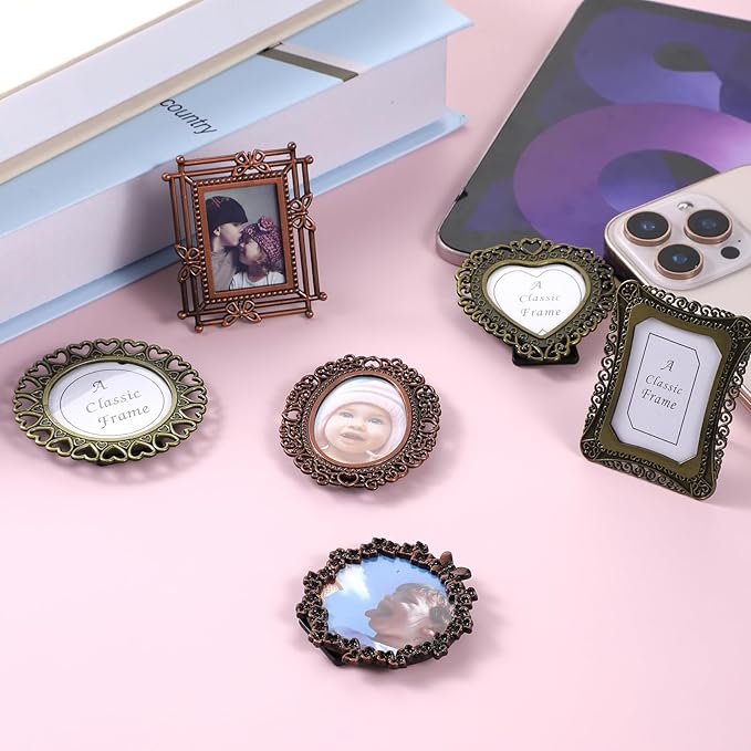 6 Pcs Mini Vintage Picture Frame 1 Inch Wallet Size Picture Frames Assorted Colors Tiny Metal DIY Photo Frames Tiny Metal Photo Frame for Tabletop Wall Display Old Fashioned Photoes Gallery Art Decor