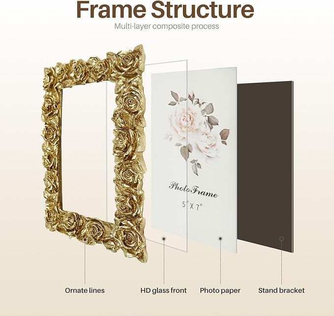 Cuspin 5x7 Picture Frame Vintage Gold Frames, Gold Ornate Rose Flower Resin Photo Frame with Glass Front for Wall Hanging or Tabletop Display, Elegant Home Decor