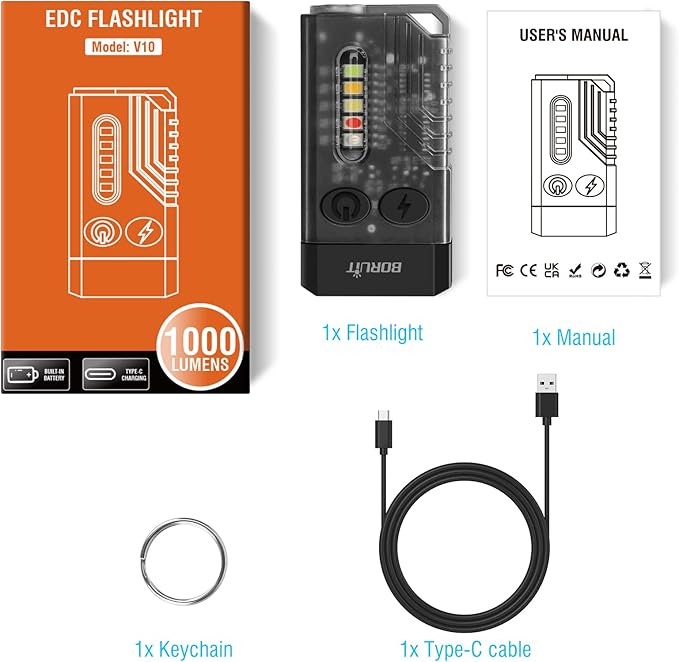BORUIT V10 Small Powerful Keychain Flashlight with 365nm UV Red Green Blue Light,High Lumens USB C Rechargeable Mini Pocket LED EDC Flash Light-14 Modes,Tail Magnet,Beeping Sound,Black