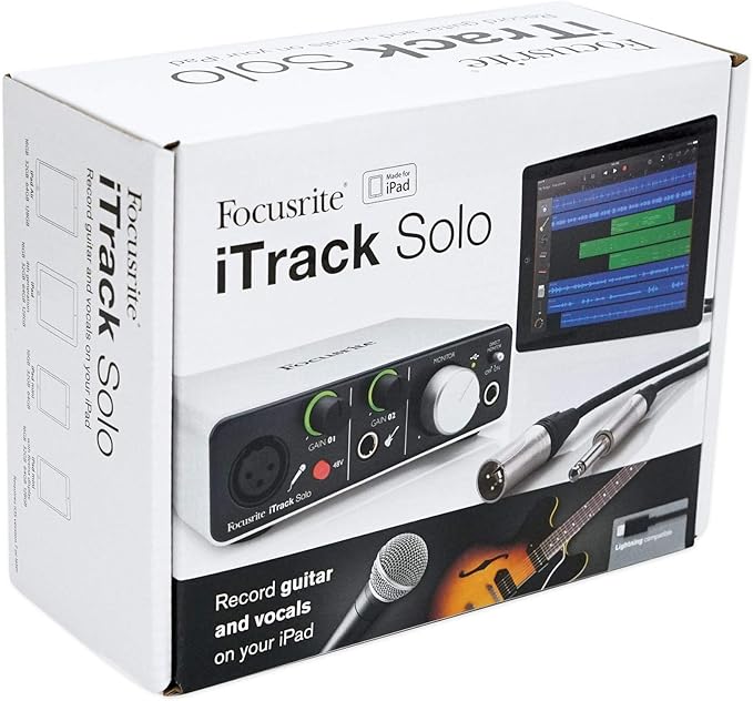 Focusrite iTrack Solo Audio Interface for Mac, PC, and iPad – USB Audio Interface for Recording, Streaming, and Podcasting with XLR, Line-in, and Professional Software included