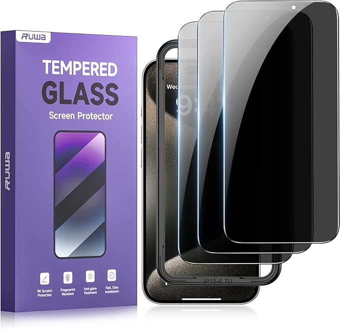 ruwa Privacy Screen Protector for iPhone 15 Pro Max[6.7 Inch][3-Pack] Anti-Peep Tempered Glass Film with Easy Installation Frame, 9H Hardness, Scratch Resistant, Case Friendly