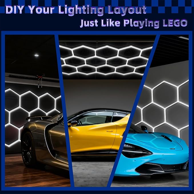 Hexagon Lights Garage LED System 14 Grid, 538W 64500LM Super Bright Hexagon Garage Lights for Workshop, Car Detailing, Basement, Warehouse, Gym – Easy Install Honeycomb Design