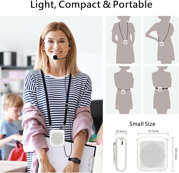 Norwii Bluetooth Voice Amplifier, Power Amplifiers, Portable Mini Wired Microphone Headset for Teacher Classroom & Outdoor Lectures, Teaching, Tour Guides, USB-C Rechargeable - 4000mAh, White
