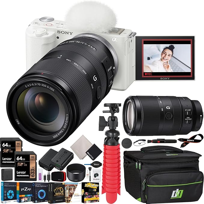 Sony ZV-E10 Mirrorless Alpha APS-C Vlog Camera Body and 70-350mm F4.5-6.3 G OSS Super-Telephoto Lens SEL70350G ILCZV-E10/W White Bundle with Deco Gear Case, Extra Battery, Photo Video Accessories Kit