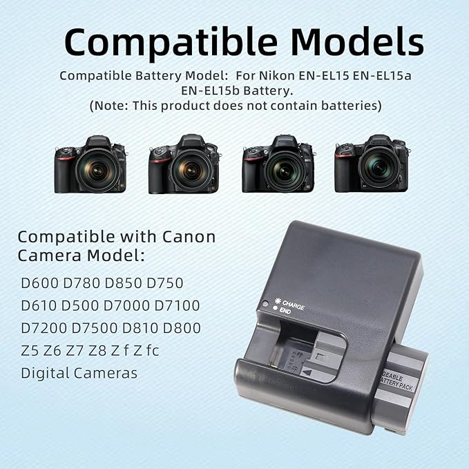 MH-25 Battery Charger Compatible with Nikon EN-EL15 EN-EL15a EN-EL15b Battery for D500 D600 D610 D750 D780 D800 D800E D810 D810A D850 D7000 D7100 D7200 D7500 Coolpix Z5 Z6 II Z7 II Cameras