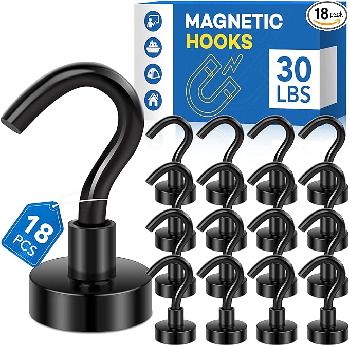 LOVIMAG Magnetic Hooks，30Lbs Black Magnet Hooks for Cruise Cabin, Magnetic Hooks for Hanging, Fridge, Classroom, Refrigerator, Ceiling, Office, Kitchen. Grill, Garage-18Pack