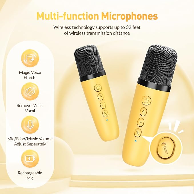 Mini Karaoke Machine for Kids Adults：Portable Bluetooth Karaoke Speaker with 2 Wireless Microphones and Lights for Home Party, Christmas Birthday Gifts for 4-12+ Years Old Girls Boys(Yellow)