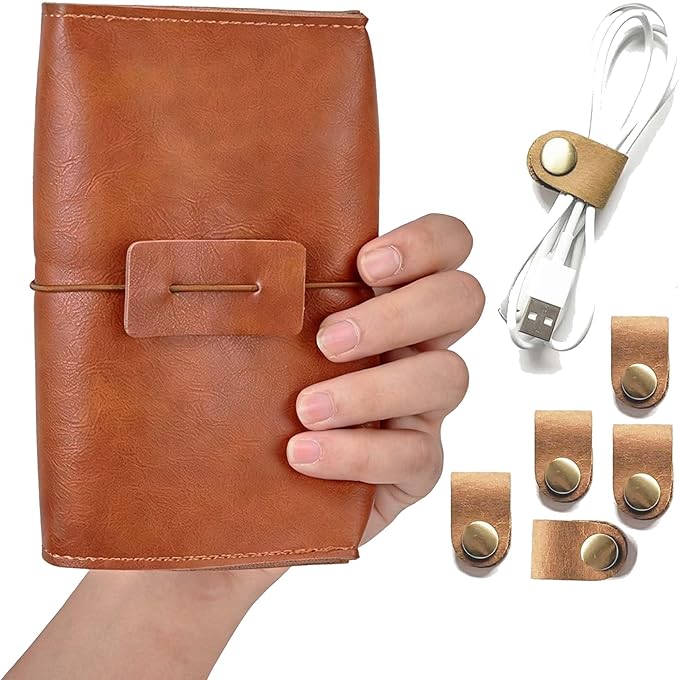 Vintage leather Electronic organizer travel case,cord keeper travel pounch, charger shortage for essentials mouse, adapter, cables,Cable Straps,Earbud case,wrap (Brown leather with band & Organizer)