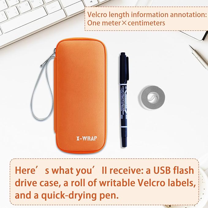 VNEIRY 12-Slot USB Drive Organizer w/Velcro Labels & Quick-Dry Marker - Peel & Stick Anywhere! Secure Case for Thumb/Jump Drives | Fits Most USB Sticks | 12-Capacity | Orange