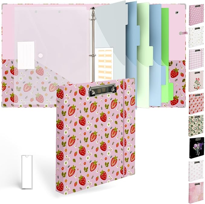 Etzul 3 Ring Binder 1 inch with Clipboard - Pink Strawberry Design, Includes Dividers, File Bag & Spine Label - Cute and Practical for Students and Organizers, Holographic Waterproof Film