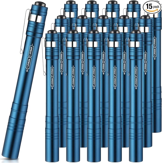 15 Pack Christmas Mini Pen Flashlights Bulk Gifts LED Pen Lights Aluminum Pocket Flashlights with Clips Small Handheld Torches for Men Camping Hiking Emergency Outdoor (Blue)