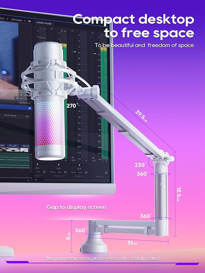 Low Profile Mic Arm, 360° Rotatable Microphone Boom Arm Mic Stand for Fifine AM8 K669B Blue Yeti HyperX shure sm7b SoloCast AT2020, with Mic Clip 3/8" to 5/8", White