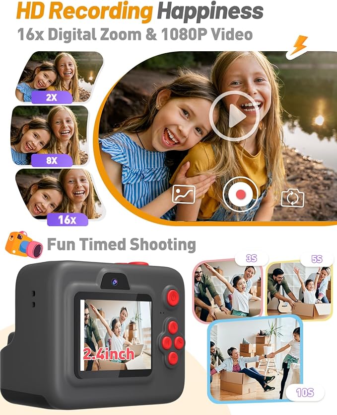 Kids Camera Instant Print, Dual-Lens Front Rear Selfie Camera for Kids, Christmas Birthday Gifts Toys for 3-12 Year Old Boys Girls, 2.4in Screen 1080P Kid Digital Cameras with 32G Card