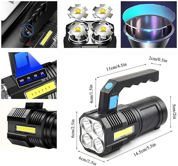 Flashlight Rechargeable USB High Lumens-Camping Flashlight with 4 Powerful LED Beads Handheld Flashlight for Home 4 Modes Waterproof for Outdoor Fishing Hiking Emergency