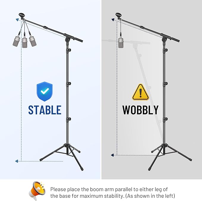 CAHAYA Mic Stand Floor Adjustable - Tripod Boom Arm Microphone Stand with Carrying Bag 2 Mic Clips 3/8" to 5/8" Adapter for Singing Podcast Compatible with Blue Yeti Shure SM58 SM48 Fifine K669B