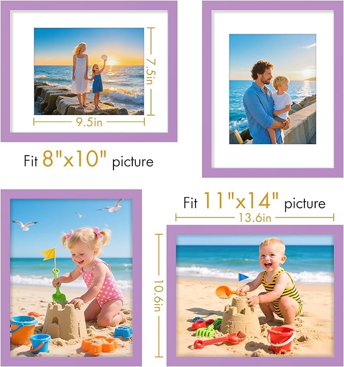 Vittanly 11x14 Picture Frame, Made of Solid Wood and Shatterproof Plexiglass, Display Pictures 8x10 with Mat or 8x10 without Mat, Wooden Photo Frame for Wall Mounting or Tabletop, Purple, 1 Pack