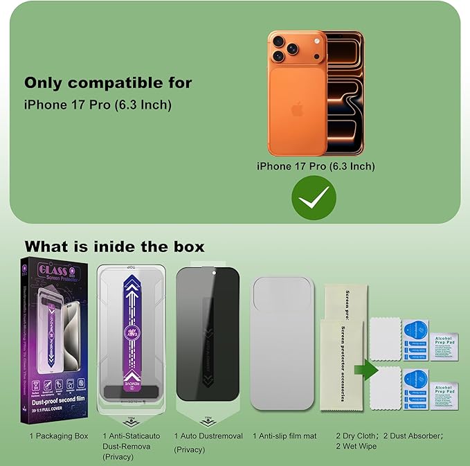SHANG PIN JIA 2 Pack Privacy Screen Protector for iPhone 17 Pro 6.3-Inch Auto Dust Removal, No Bubbles,Anti-Spy Tempered Glass Film, Easy Installation