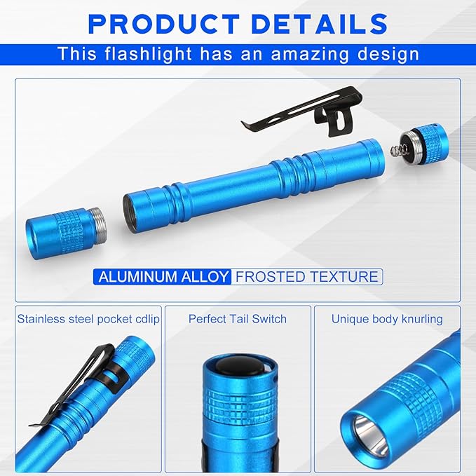 Hortsun 20 Pcs Mini Pen Light Flashlights Christmas Gifts for Men Pocket Flashlights Pen with Clip Small LED Handheld Slim Torches Without Battery(5.12 Inch,Blue)