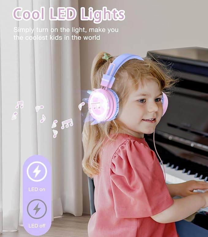 Kids Headphones with LED Lights for School, Upgrade USB Type C Kid Headphone with Microphone, Volume Limiter 85/94dB, Wired On Ear Headphones for Boys/Girls/Tablet/Travel -Gradient Purple