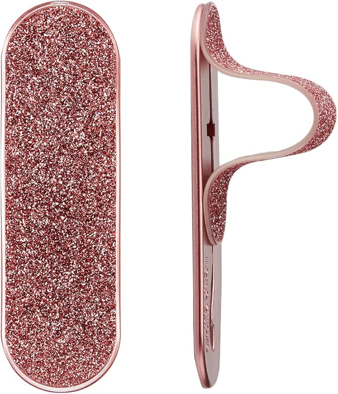 Momostick Flatstick, Cell Phone Finger Grip Strap Holder for Hand, Cell Phone Stand, New Slim Finger Loop Selfie Grip Compatible with Most Smartphones - Glitter Pink