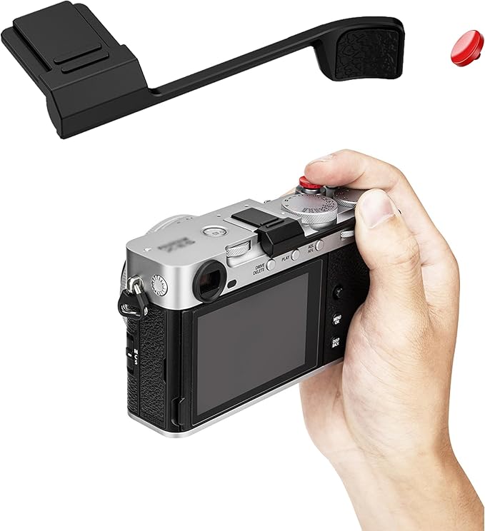 JJC Metal Thumb Grip & Shutter Release Button for Fuji Fujifilm X-E5 XE5 Mirrorless Camera, Hot Shoe Cover Protector Thumb Support, Anti-Scratch Silicone Pad for Stable & Safe Hand Hold, Black Color