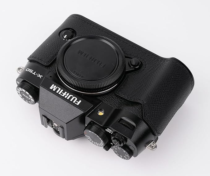 handmade Genuine Leather Camera Half Case for Fujifilm X-T50 - Top Layer Cowhide Body + Metal Base Plate - Hand Shank Free Design (Black)