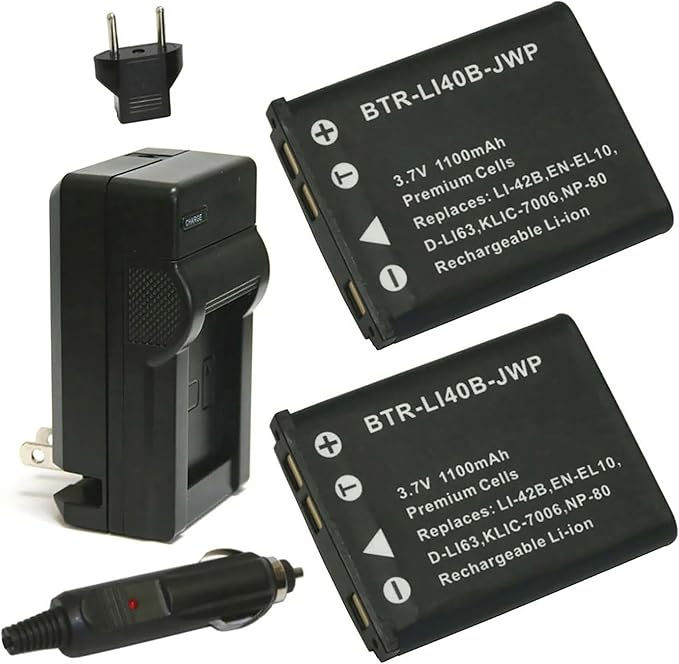 Replacement Battery for Kodak KLIC-7006 (2-Pack, 1100mAh) and Charger