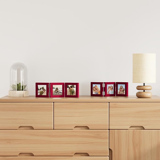 decorUhome Triple 4x4 Picture Frame Vertical, Engineered Wood Trifold Photo Frame with Plexiglass for Tabletop Display, 4x4, Red