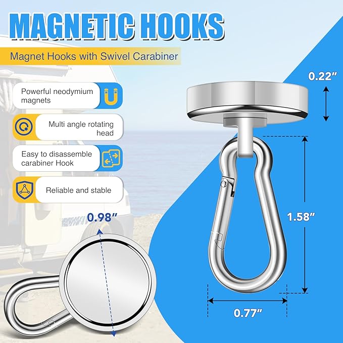 VSKIZ Magnetic Hooks, 70Lbs Heavy Duty Magnetic Hooks with Swivel Carabiner for Cruise Cabins, 6 Pack Extral Strong Neodymium Magnet Hooks for Hanging, Metal Magnetic Hanger for Toolbox, Grill, Fridge