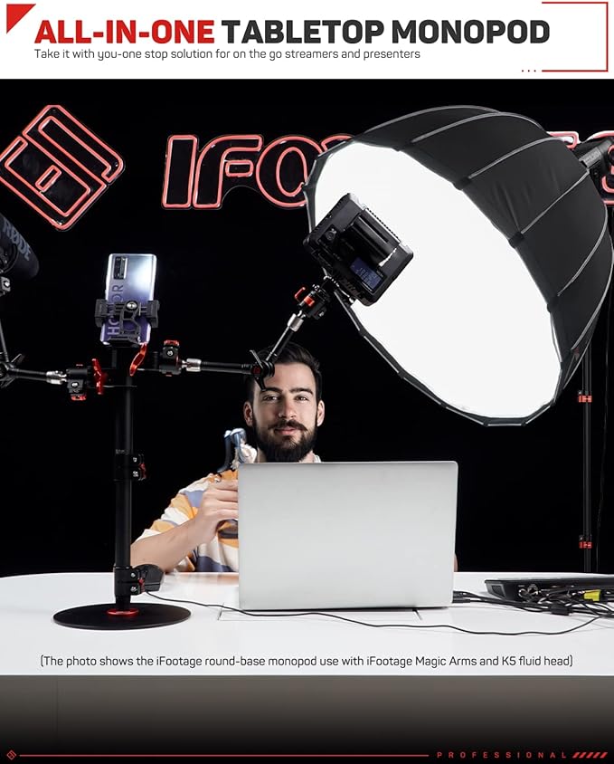 IFOOTAGE Round Base Monopod A300, 60" Camera Tripod Monopod Aluminum Studio Camera Stand with 1/4'' & 3/8'' Screw/Light Adapter for Camera, Tripod Head, RingLight, Streaming, Interview, Payload 22lb
