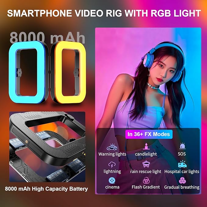 Phone Ring Light for Video Recording, Smartphone Video Rig with Light, 8000mAh RGB Portable LED Selfie Kit for Camera, TikTok, YouTube, Makeup, Vlogging