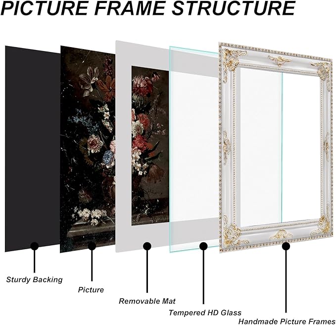 Gothic White 11x14 Vintage Picture Frame with Mat for 8x10 or 11 x 14 Photos, Real Glass, Ornate Victorian Baroque Frames for Wall Hanging