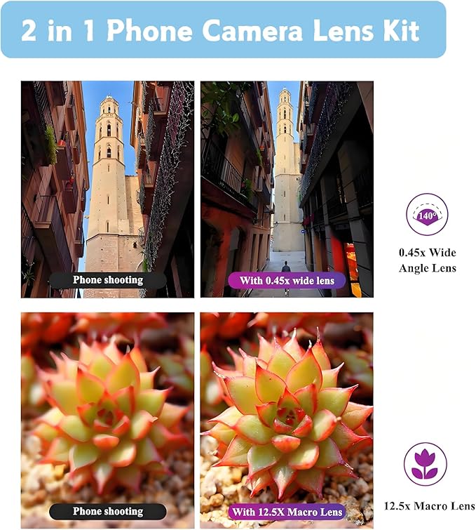 Yosoo Phone Camera Macro Lens, 2 in 1 Lens Set, 0.45X Wide Angle & 12.5X Macro, Clip-on for Most Smartphones