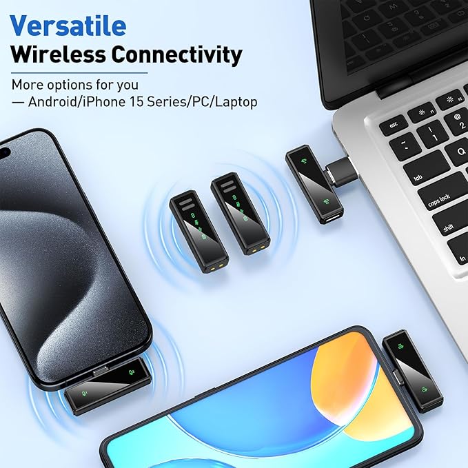 USB C Wireless Lavalier Microphone for Android, PC, Laptop, iPhone 15/16, USB Microphone with Noise Cancellation, Lapel Mic Wireless for Video Recording, Vlog, YouTube, TikTok