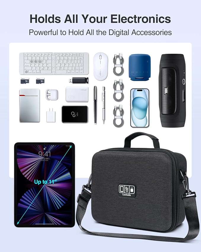 Luxtude Electronic Organizer Travel Case Large, Hard Case for Electronics, Sturdy Tech Organizers, Travel Cable Bag with Shoulder Strap, Hard Charger Organizers, Fits for iPad(Up to 11’’), Tech Gifts