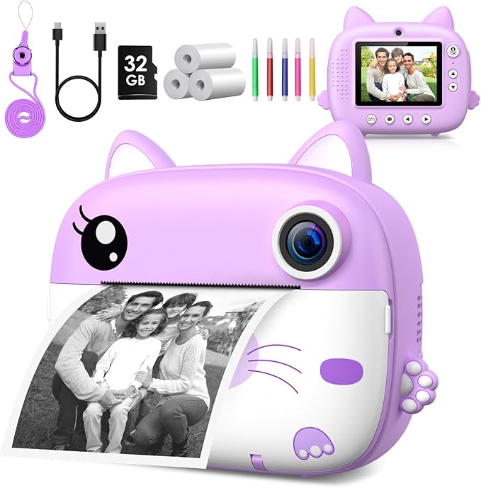 Kids Camera Instant Print, 3.0" HD Screen Kids Instant Cameras, Christmas Birthday Gifts for Girls Boys 3 4 5 6 7 8 9 10 Year Old, Portable Toddler Travel Toys with 32GB Card & 3 Rolls Printer Paper