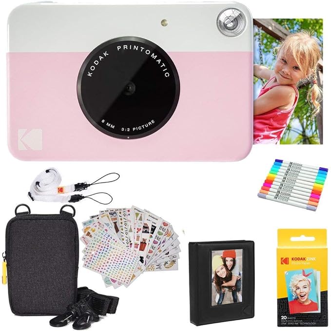 KODAK Printomatic Full-Color Instant Print Digital Camera Colorful Photos On Zink 2x3" Sticky-Back Photo Paper 5MP Gift Bundle: Case + Zink 2x3" 20pk + Album + Stickers + Frames + Markers - Pink
