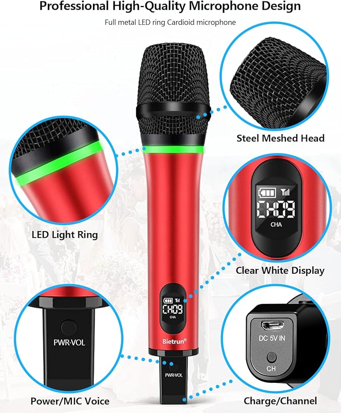 Bietrun Wireless Microphone, 240FT Rechargeable UHF Metal Dual Cordless Handheld Dynamic Mics with Bluetooth for Karaoke Machine, PA System Speaker, Mixer, Party, Church, Wedding(Red)